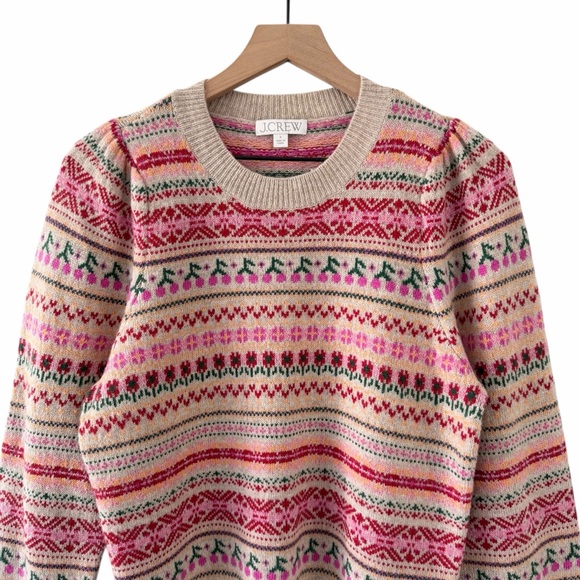 J. Crew Puff Sleeve Fair Isle Cherry Crewneck Sweater Size Small - Picture 3 of 11